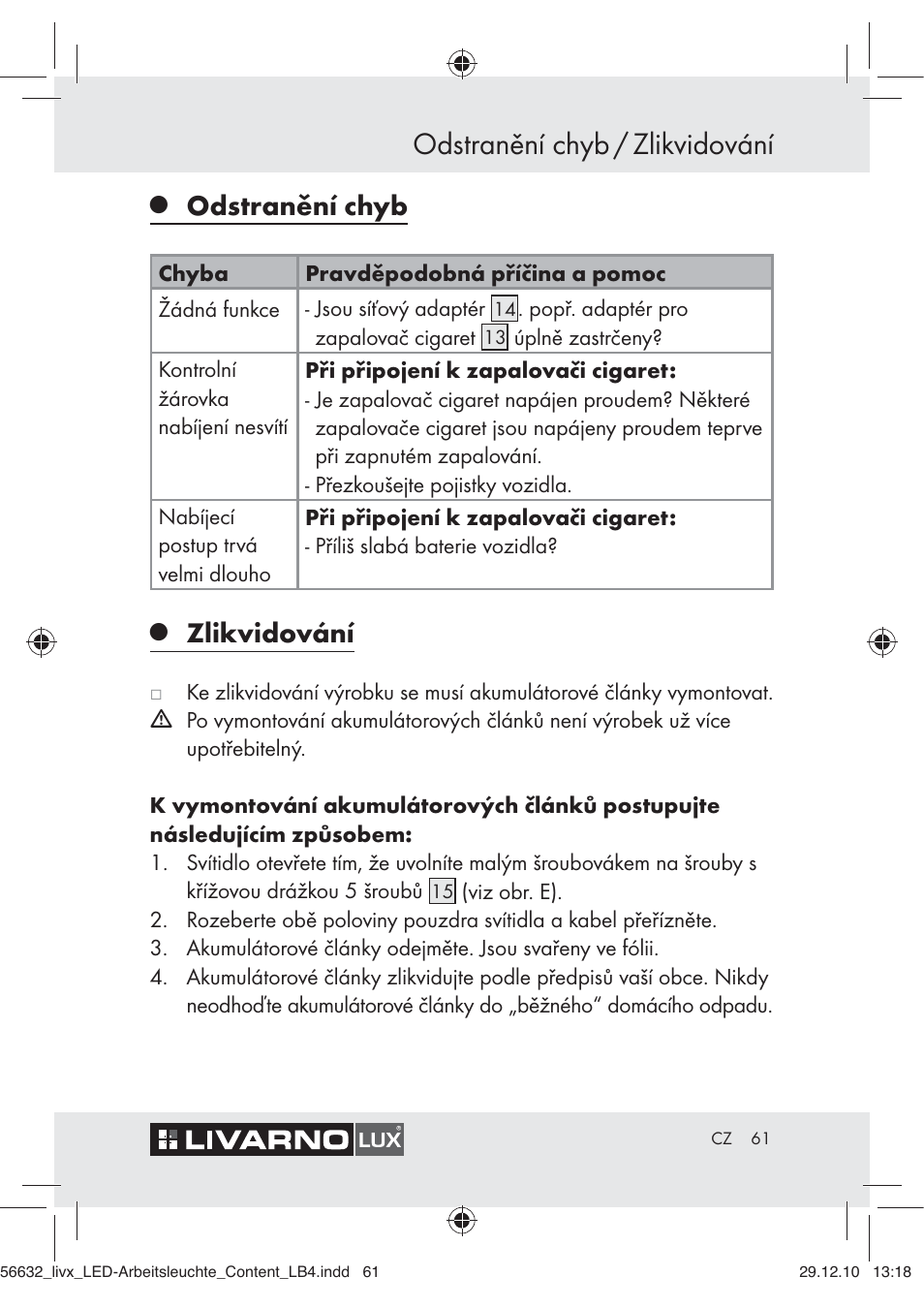 Odstranění chyb / zlikvidování, Odstranění chyb, Zlikvidování | Livarno Z30503-BS User Manual | Page 59 / 82