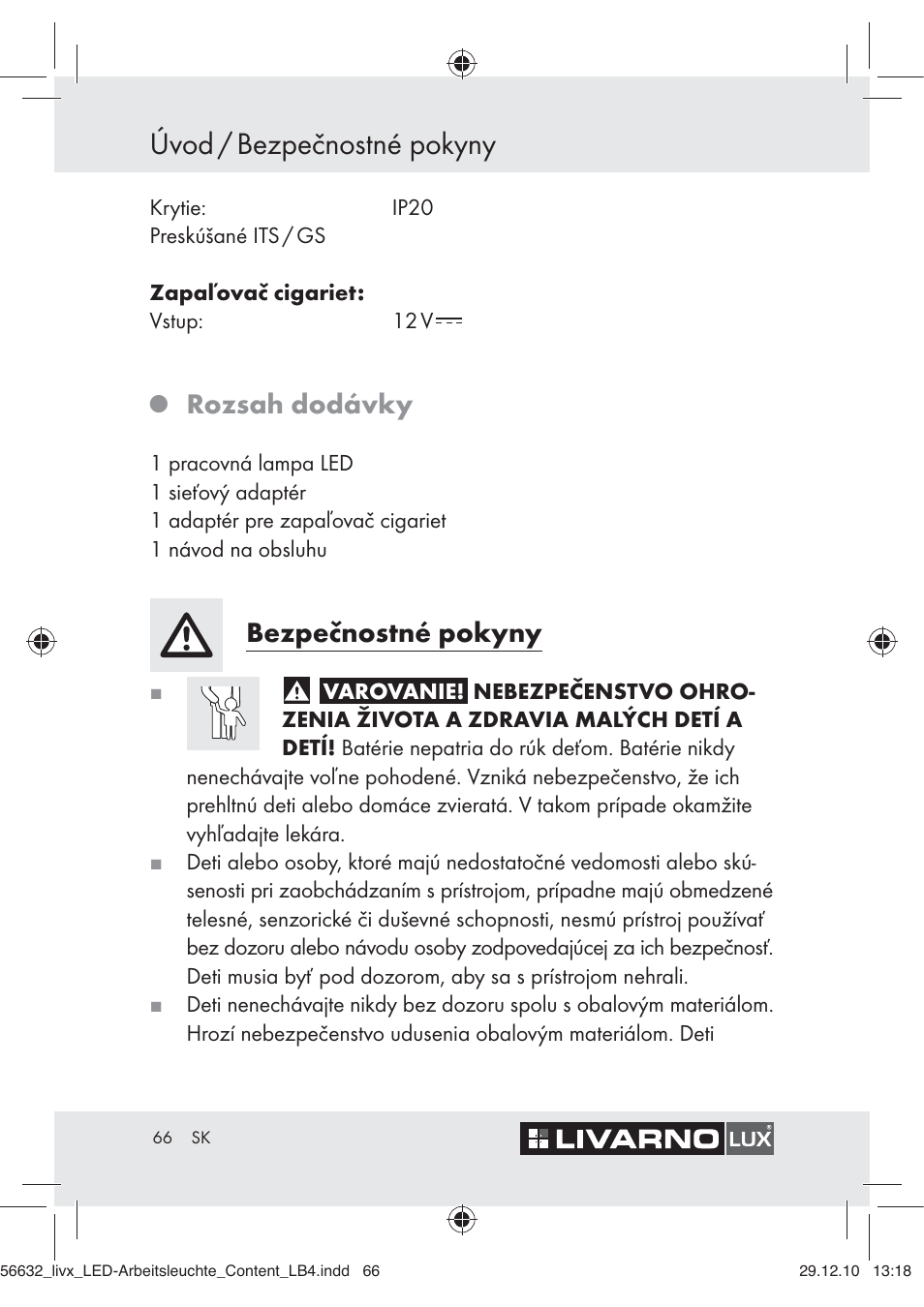 Úvod / bezpečnostné pokyny, Rozsah dodávky, Bezpečnostné pokyny | Livarno Z30503-BS User Manual | Page 64 / 82