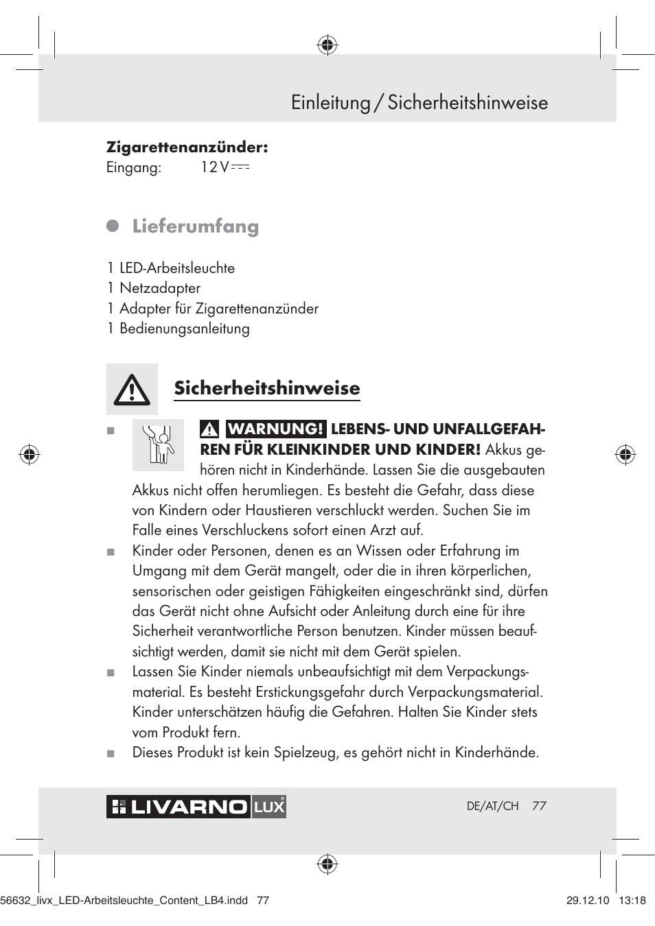 Einleitung / sicherheitshinweise, Lieferumfang, Sicherheitshinweise | Livarno Z30503-BS User Manual | Page 75 / 82