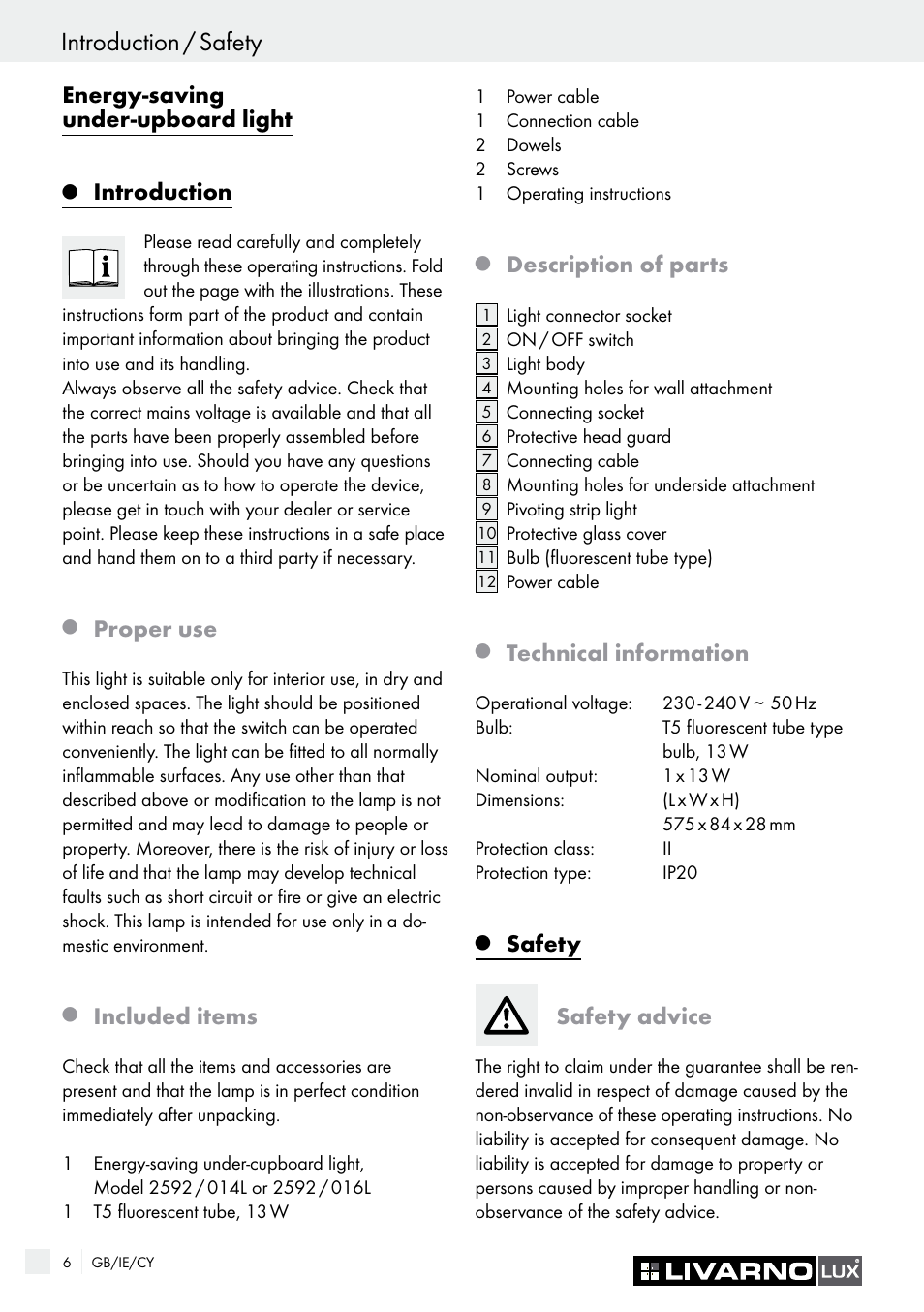 Introduction / safety, Energy-saving under-upboard light, Introduction | Proper use, Included items, Description of parts, Technical information, Safety, Safety advice | Livarno 2592/014L·2592/016L User Manual | Page 6 / 13