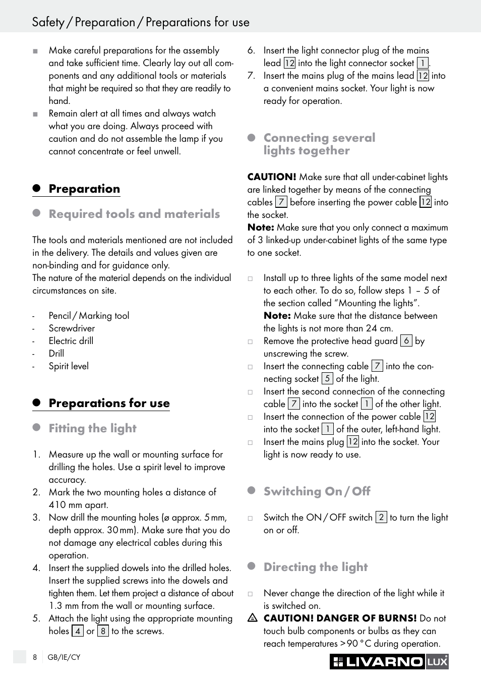 Safety / preparation / preparations for use, Preparation, Required tools and materials | Preparations for use, Fitting the light, Connecting several lights together, Switching on / off, Directing the light | Livarno 2592/014L·2592/016L User Manual | Page 8 / 13