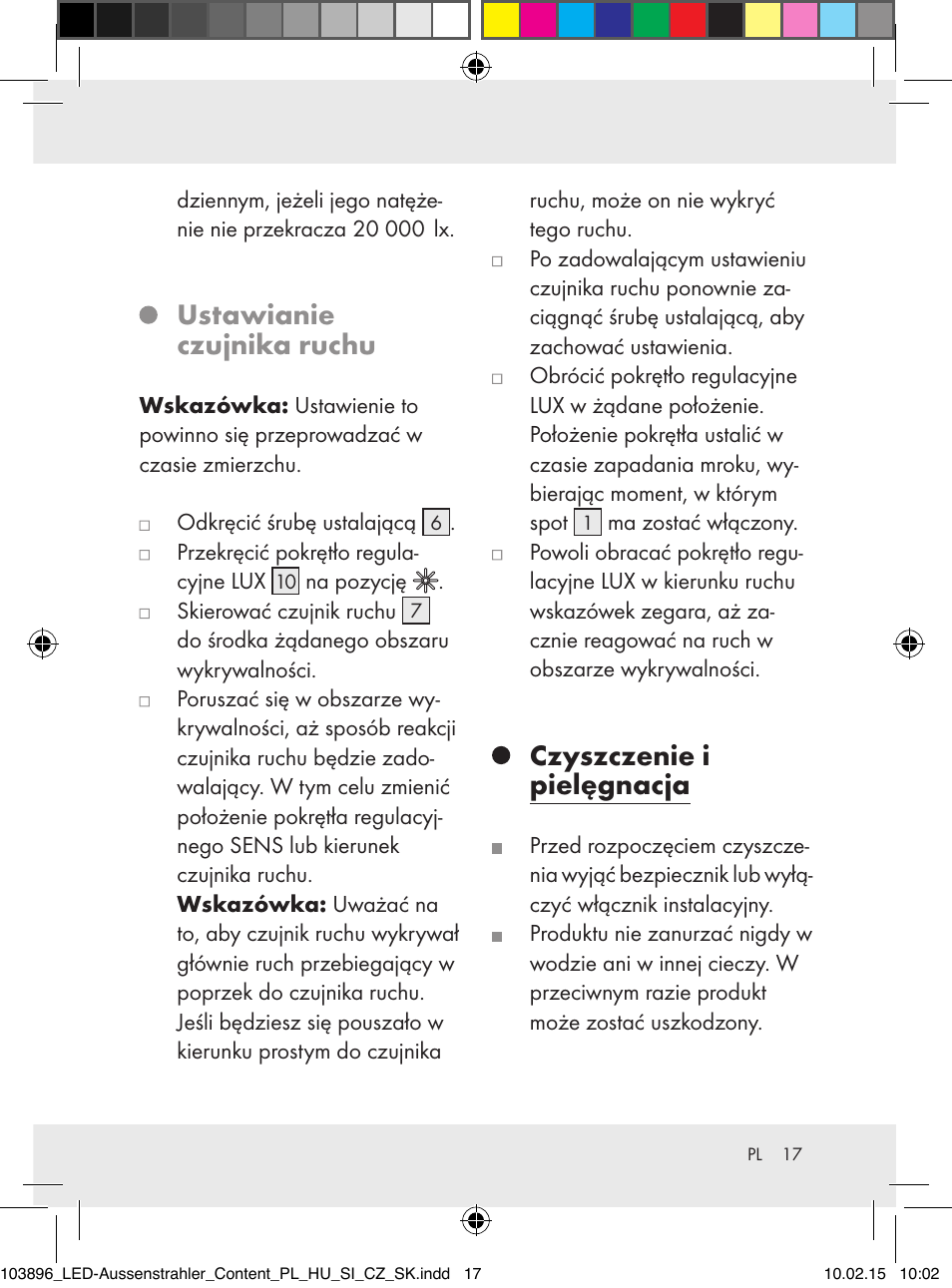 Ustawianie czujnika ruchu, Czyszczenie i pielęgnacja | Livarno Z31710A, Z31710B User Manual | Page 17 / 63