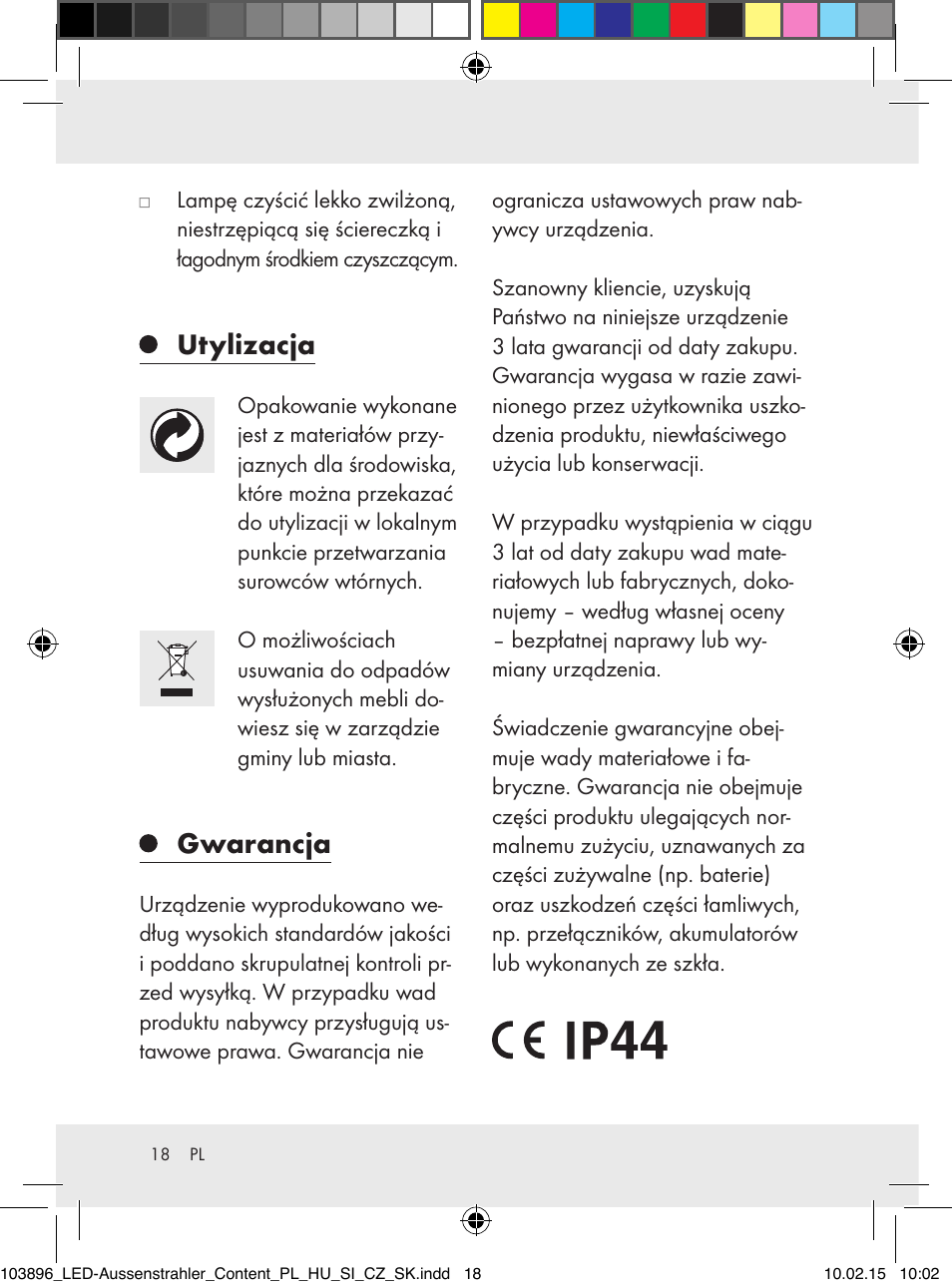 Utylizacja, Gwarancja | Livarno Z31710A, Z31710B User Manual | Page 18 / 63