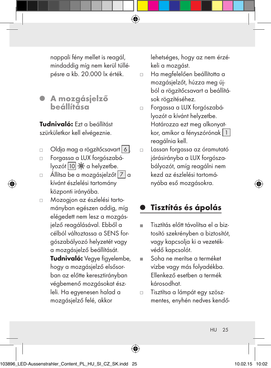 A mozgásjelző beállítása, Tisztítás és ápolás | Livarno Z31710A, Z31710B User Manual | Page 25 / 63