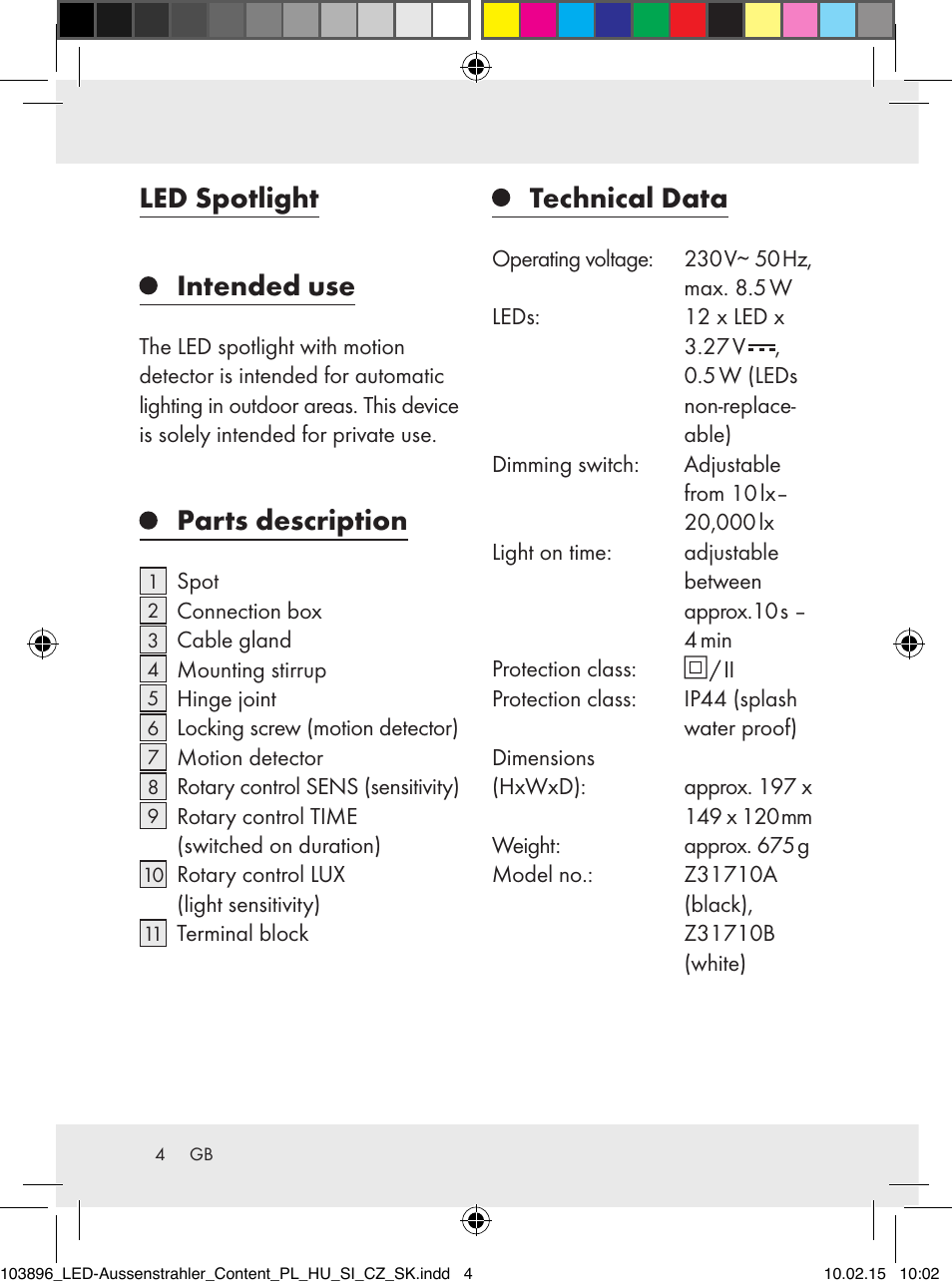 Led spotlight, Intended use, Parts description | Technical data | Livarno Z31710A, Z31710B User Manual | Page 4 / 63