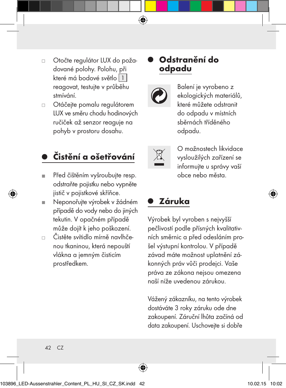 Čistění a ošetřování, Odstranění do odpadu, Záruka | Livarno Z31710A, Z31710B User Manual | Page 42 / 63