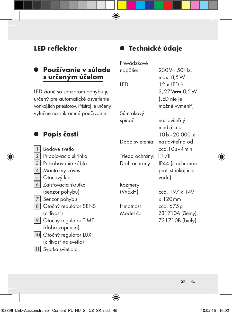 Led reflektor, Používanie v súlade s určeným účelom, Popis častí | Technické údaje | Livarno Z31710A, Z31710B User Manual | Page 45 / 63