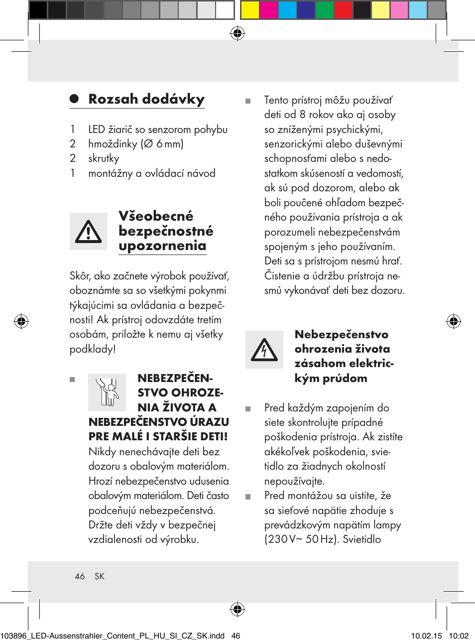 Rozsah dodávky, Všeobecné bezpečnostné upozornenia | Livarno Z31710A, Z31710B User Manual | Page 46 / 63