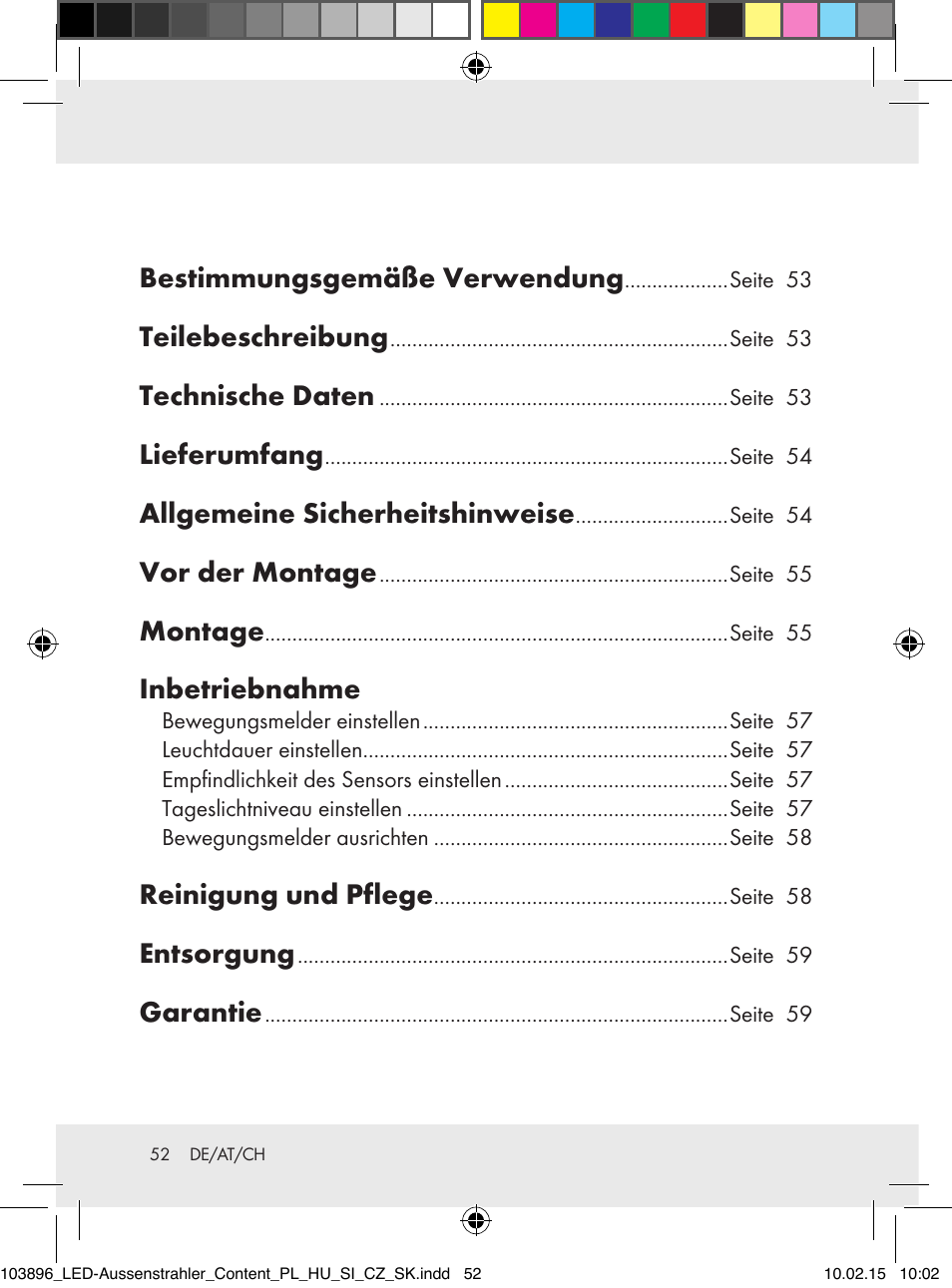 Bestimmungsgemäße verwendung, Teilebeschreibung, Technische daten | Lieferumfang, Allgemeine sicherheitshinweise, Vor der montage, Montage, Inbetriebnahme, Reinigung und pflege, Entsorgung | Livarno Z31710A, Z31710B User Manual | Page 52 / 63