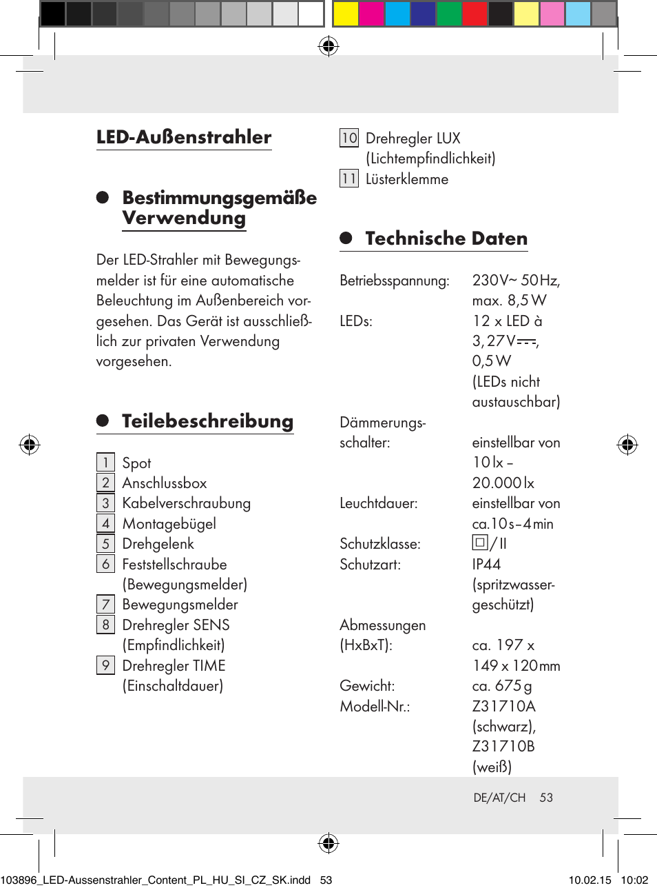 Led-außenstrahler, Bestimmungsgemäße verwendung, Teilebeschreibung | Technische daten | Livarno Z31710A, Z31710B User Manual | Page 53 / 63