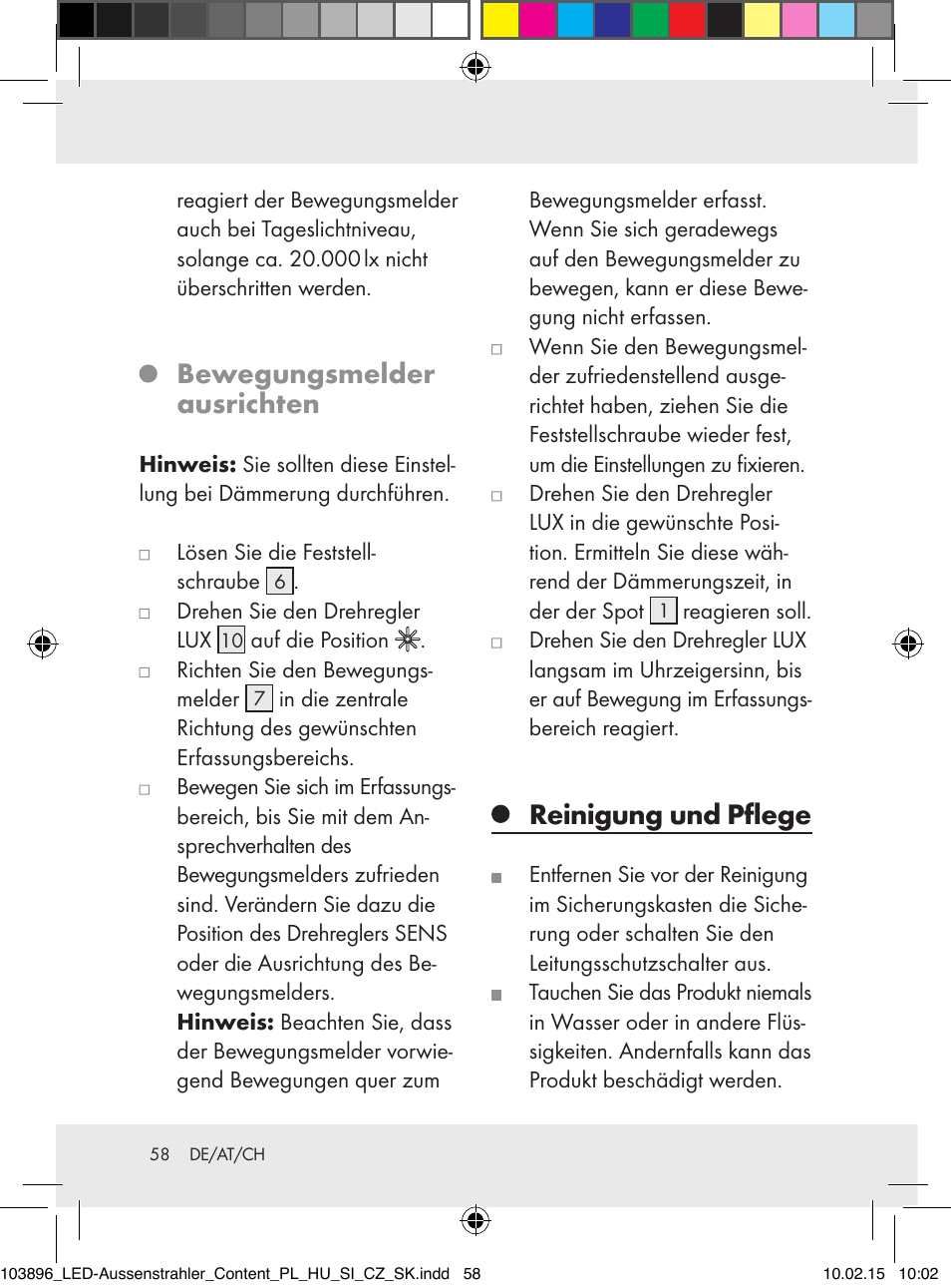 Bewegungsmelder ausrichten, Reinigung und pflege | Livarno Z31710A, Z31710B User Manual | Page 58 / 63