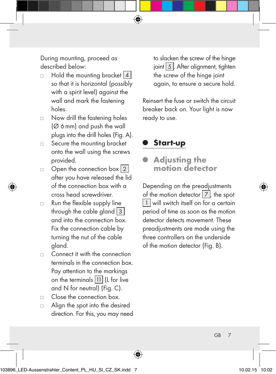 Start-up adjusting the motion detector | Livarno Z31710A, Z31710B User Manual | Page 7 / 63