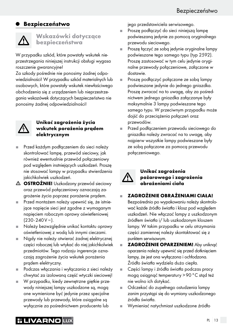 Bezpieczeństwo, Wskazówki dotyczące bezpieczeństwa | Livarno 2592/014L·2592/016L User Manual | Page 13 / 57