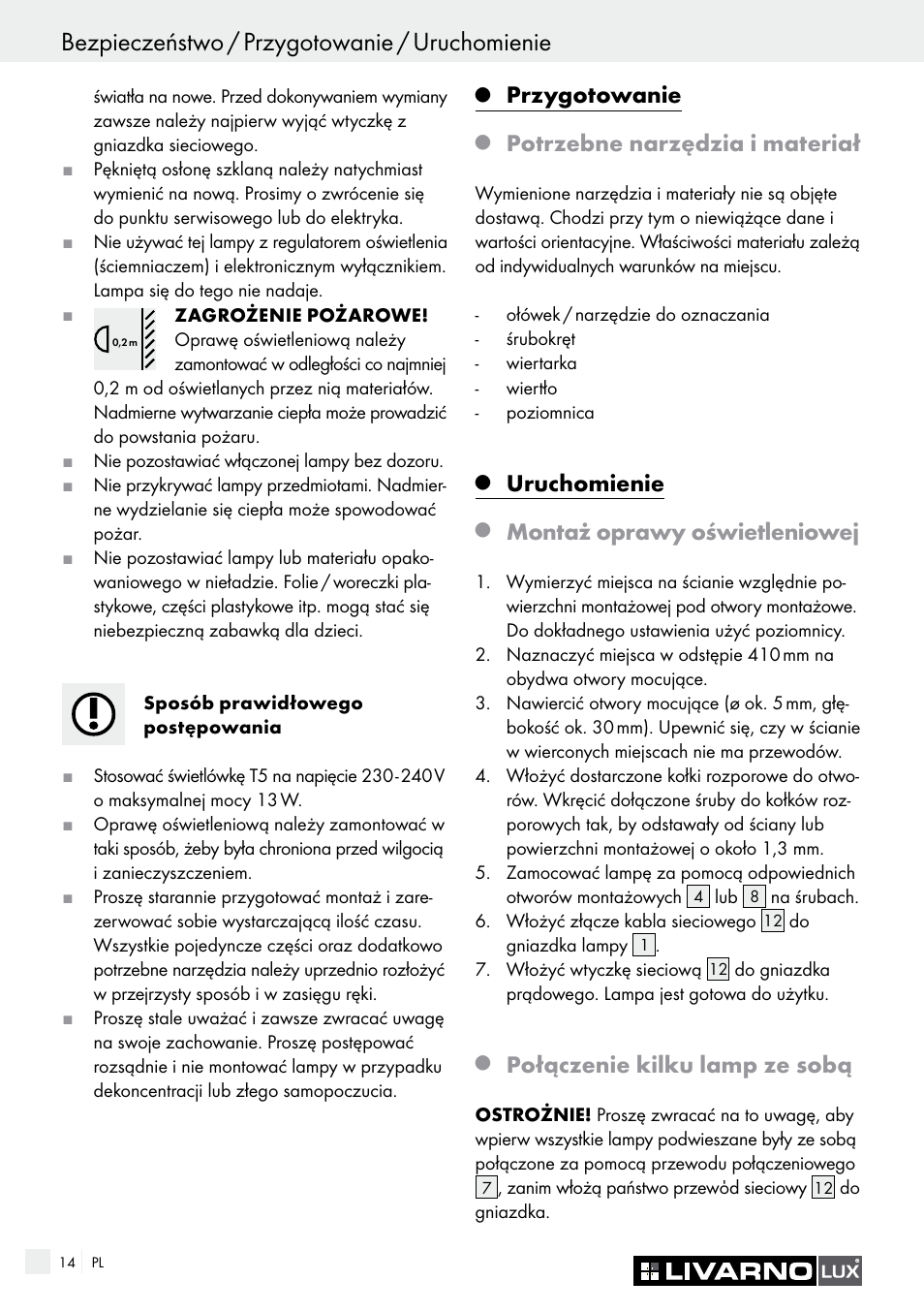 Bezpieczeństwo / przygotowanie / uruchomienie, Przygotowanie, Potrzebne narzędzia i materiał | Uruchomienie, Montaż oprawy oświetleniowej, Połączenie kilku lamp ze sobą | Livarno 2592/014L·2592/016L User Manual | Page 14 / 57