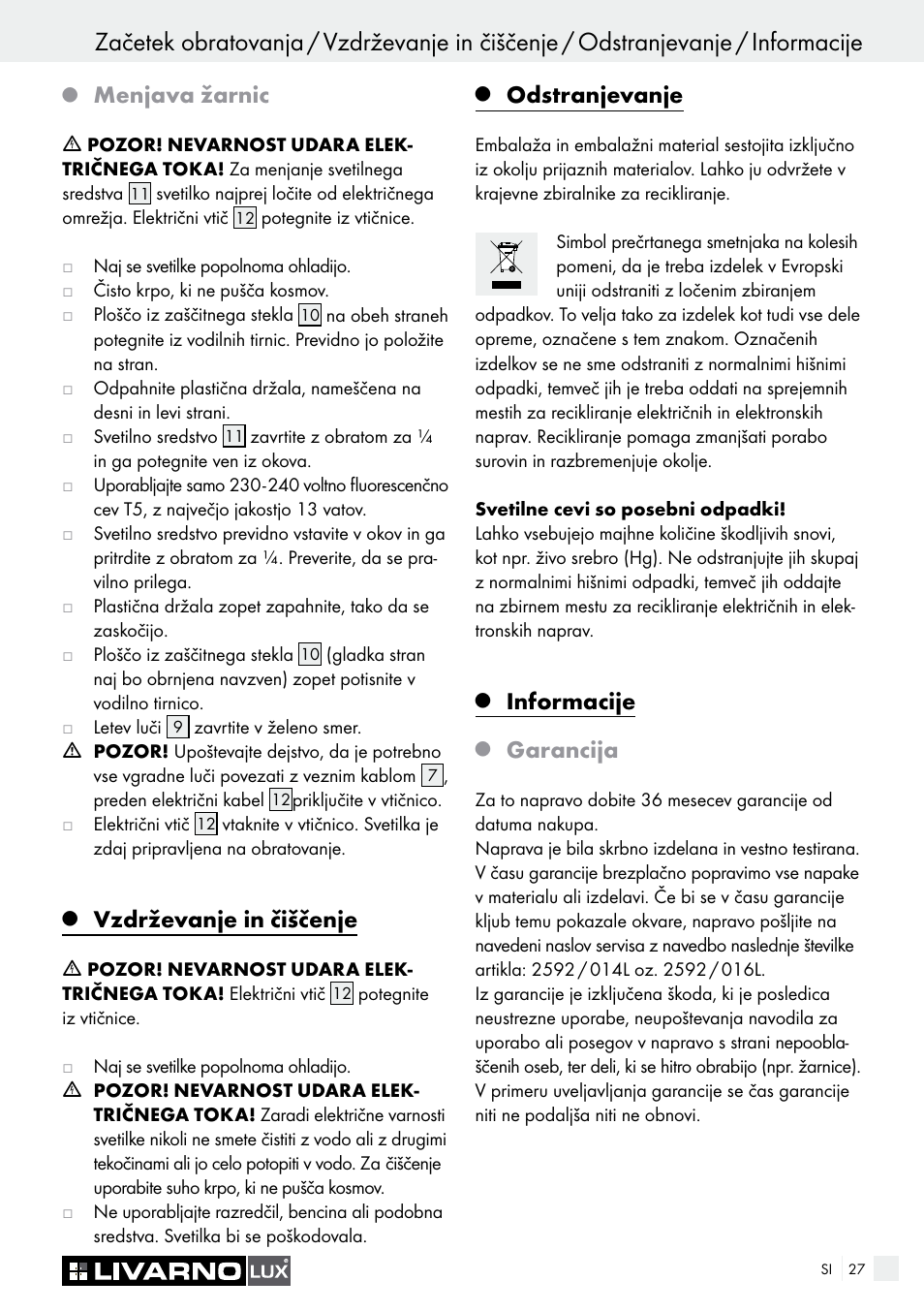 Menjava žarnic, Vzdrževanje in čiščenje, Odstranjevanje | Informacije, Garancija | Livarno 2592/014L·2592/016L User Manual | Page 27 / 57