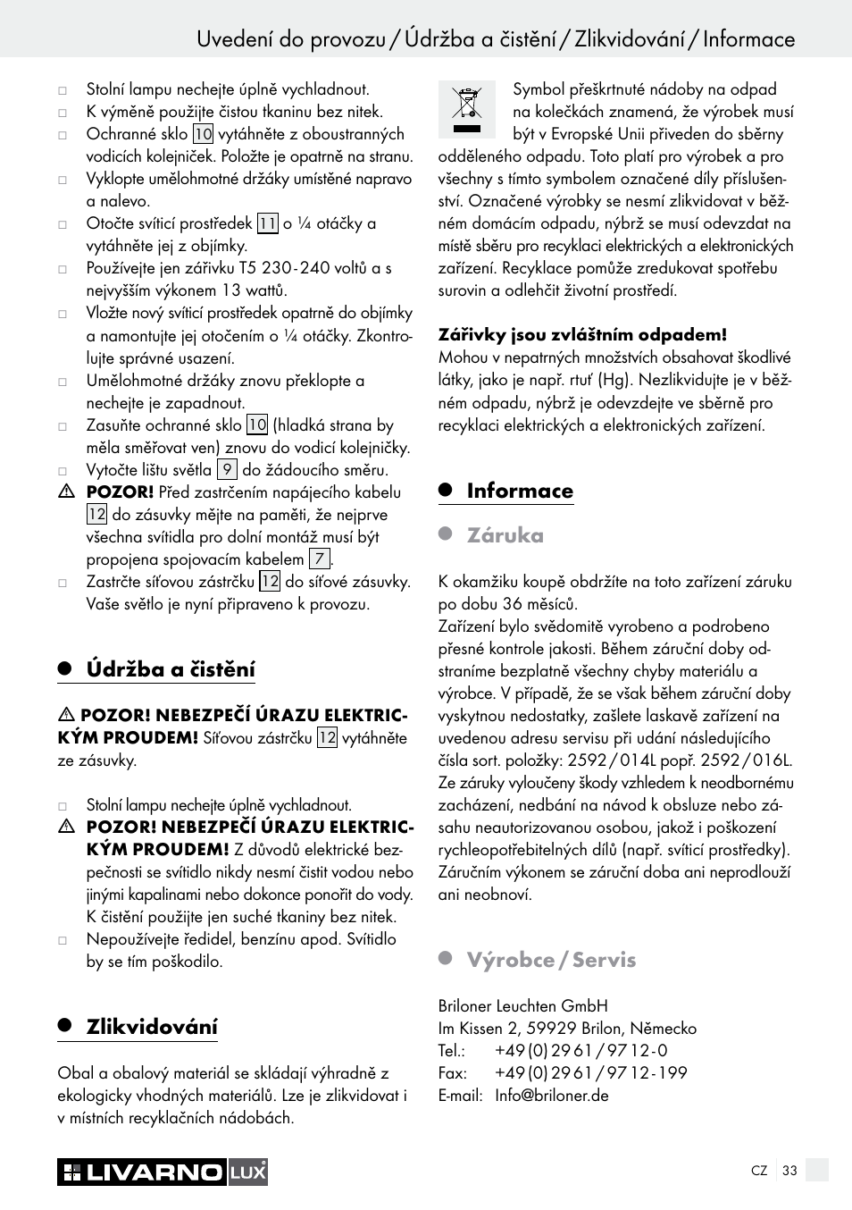 Údržba a čistění, Zlikvidování, Informace | Záruka, Výrobce / servis | Livarno 2592/014L·2592/016L User Manual | Page 33 / 57