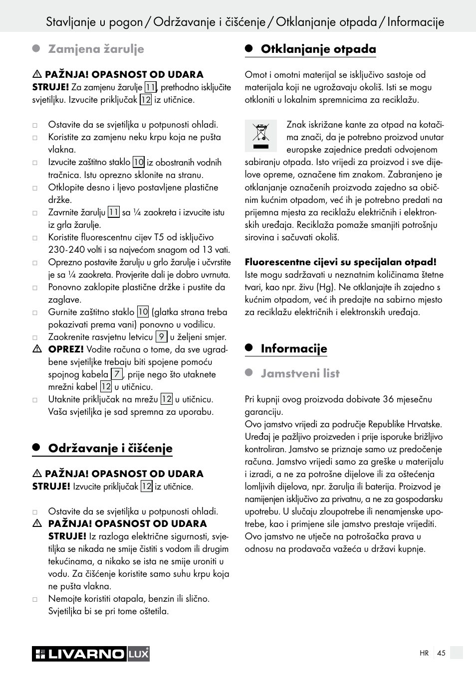 Zamjena žarulje, Održavanje i čišćenje, Otklanjanje otpada | Informacije, Jamstveni list | Livarno 2592/014L·2592/016L User Manual | Page 45 / 57