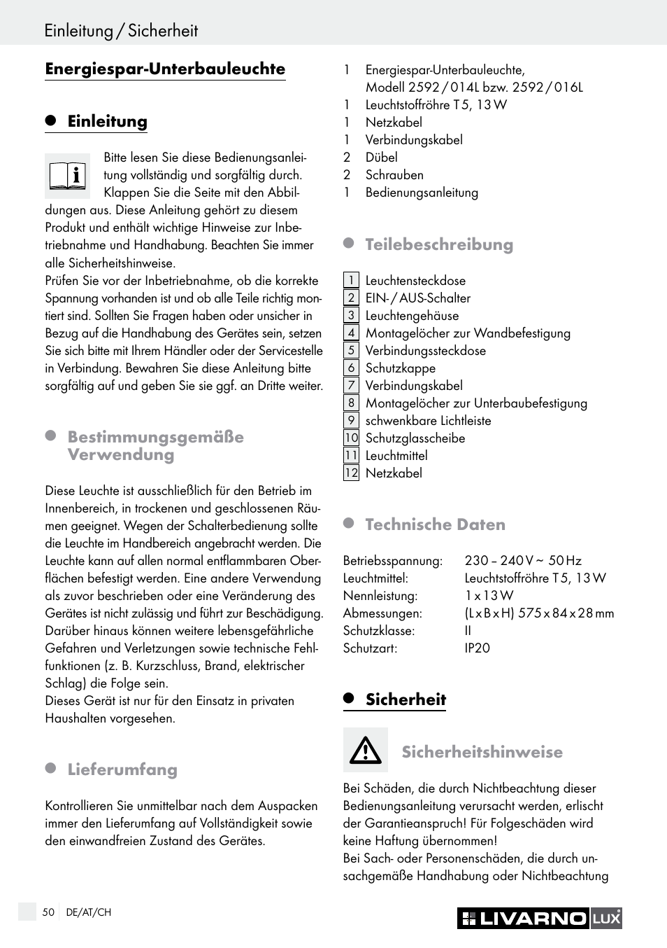 Einleitung / sicherheit, Energiespar-unterbauleuchte, Einleitung | Bestimmungsgemäße verwendung, Lieferumfang, Teilebeschreibung, Technische daten, Sicherheit, Sicherheitshinweise | Livarno 2592/014L·2592/016L User Manual | Page 50 / 57