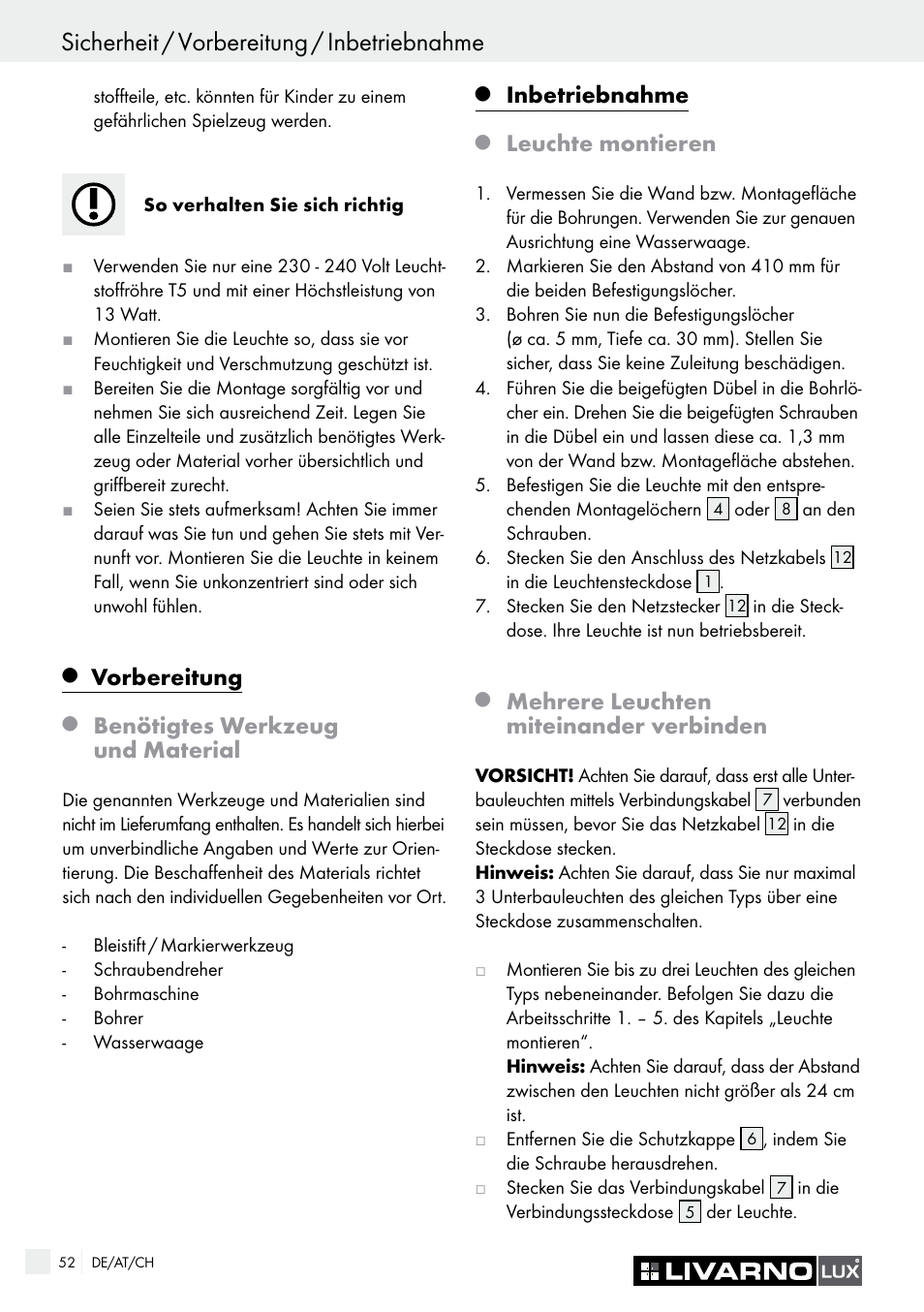 Sicherheit / vorbereitung / inbetriebnahme, Vorbereitung, Benötigtes werkzeug und material | Inbetriebnahme, Leuchte montieren, Mehrere leuchten miteinander verbinden | Livarno 2592/014L·2592/016L User Manual | Page 52 / 57