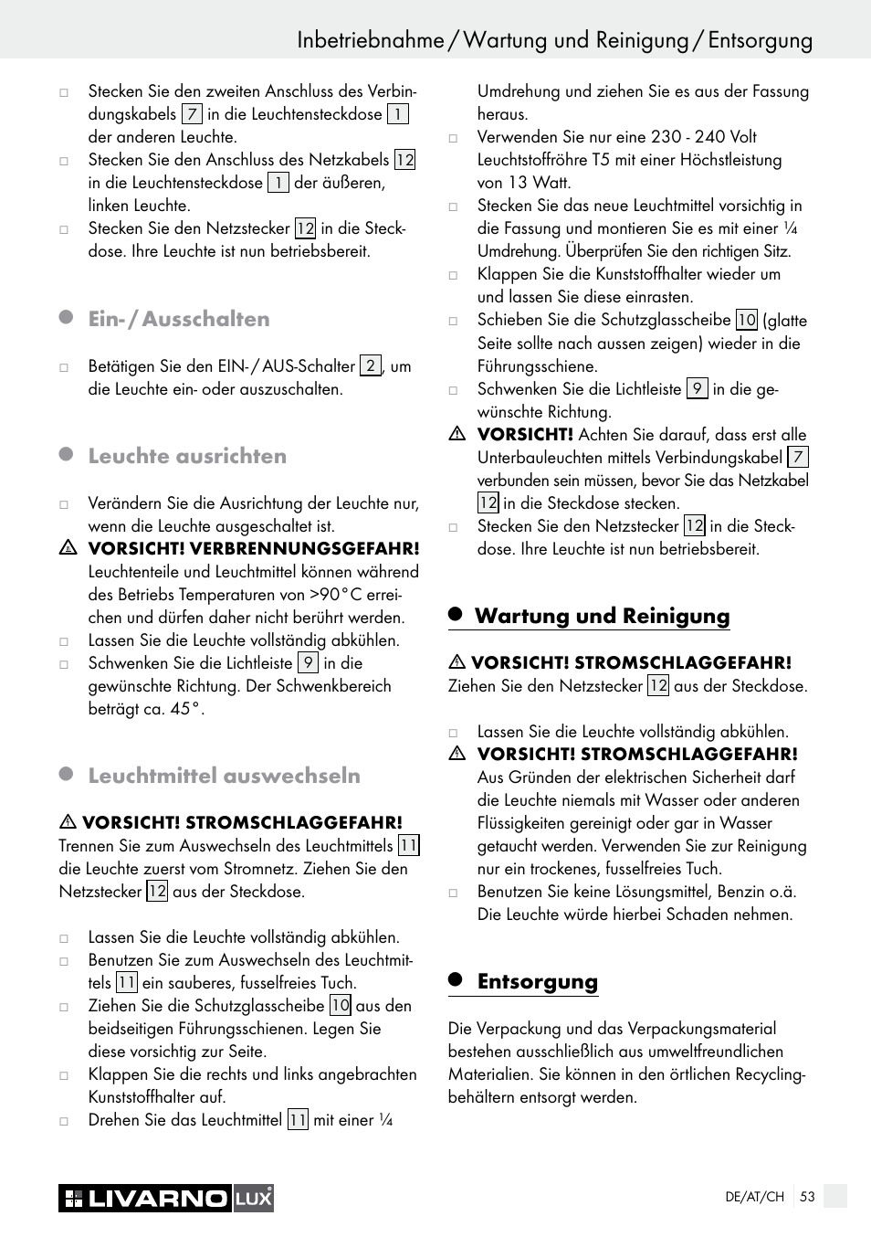 Ein- / ausschalten, Leuchte ausrichten, Leuchtmittel auswechseln | Wartung und reinigung, Entsorgung | Livarno 2592/014L·2592/016L User Manual | Page 53 / 57