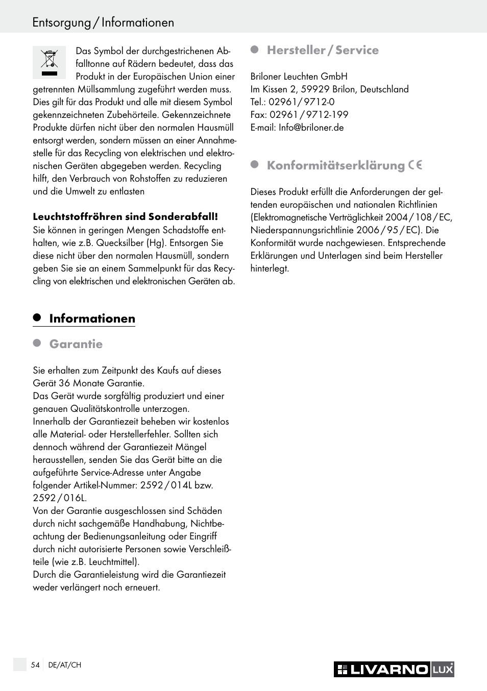 Entsorgung / informationen, Informationen, Garantie | Hersteller / service, Konformitätserklärung | Livarno 2592/014L·2592/016L User Manual | Page 54 / 57