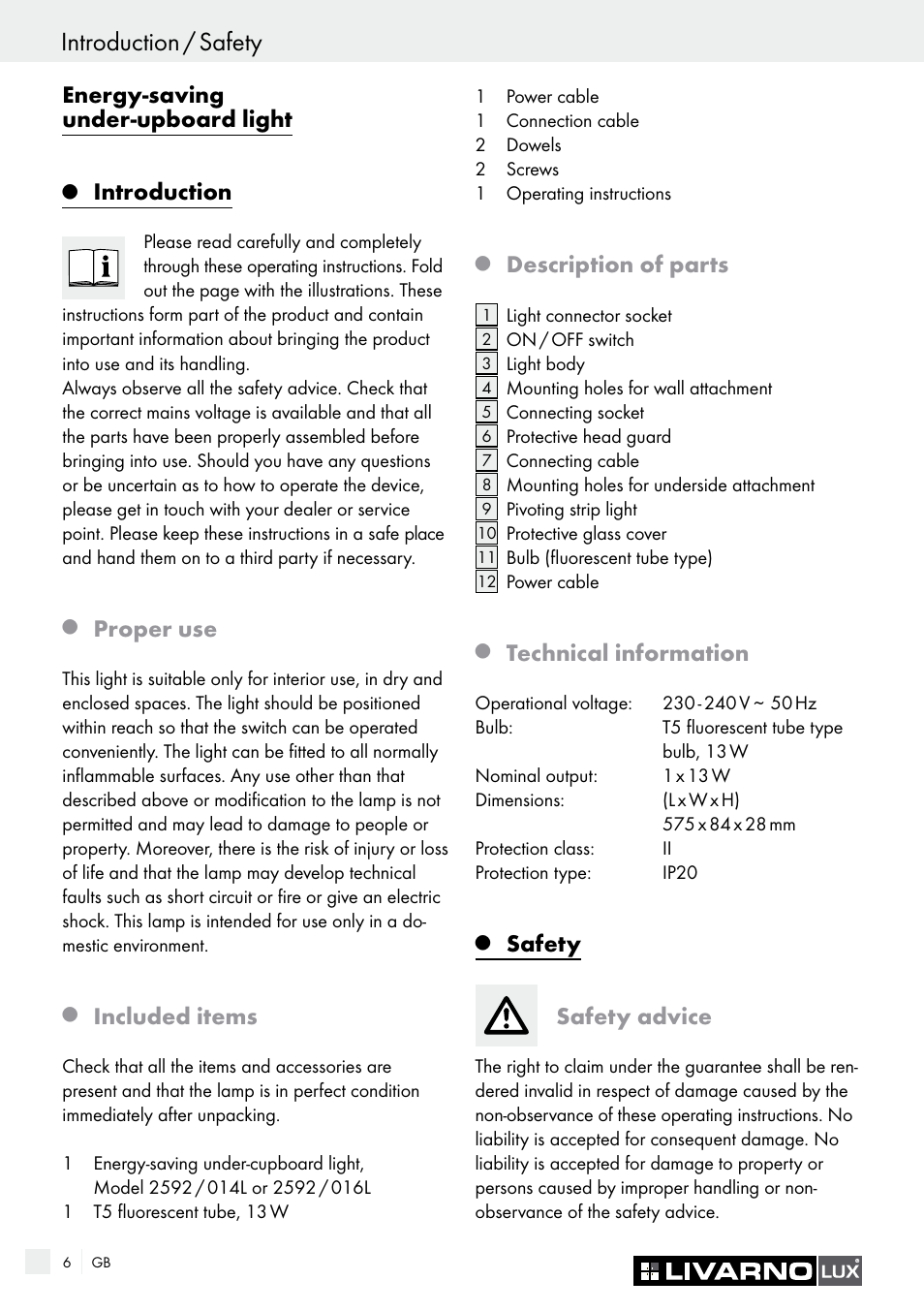 Introduction / safety, Energy-saving under-upboard light, Introduction | Proper use, Included items, Description of parts, Technical information, Safety, Safety advice | Livarno 2592/014L·2592/016L User Manual | Page 6 / 57