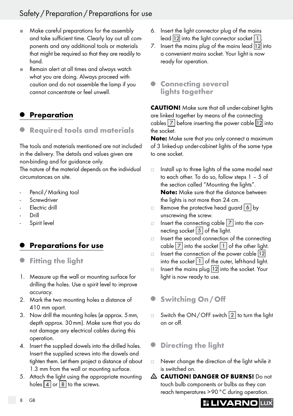 Safety / preparation / preparations for use, Preparation, Required tools and materials | Preparations for use, Fitting the light, Connecting several lights together, Switching on / off, Directing the light | Livarno 2592/014L·2592/016L User Manual | Page 8 / 57