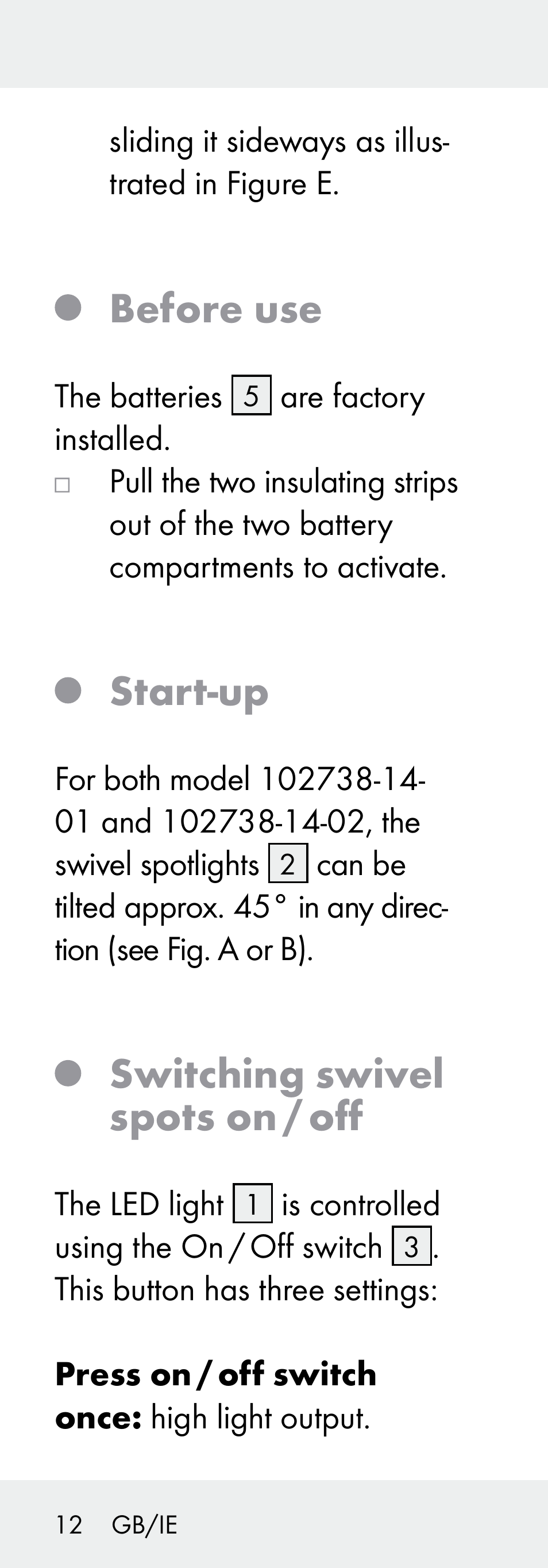 Before use, Start-up, Switching swivel spots on / off | Livarno 102738-14-01/ 102738-14-02 User Manual | Page 12 / 102