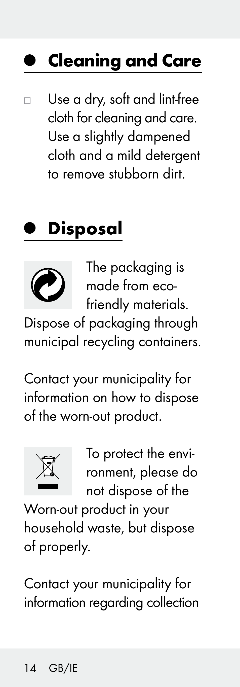 Cleaning and care, Disposal | Livarno 102738-14-01/ 102738-14-02 User Manual | Page 14 / 102