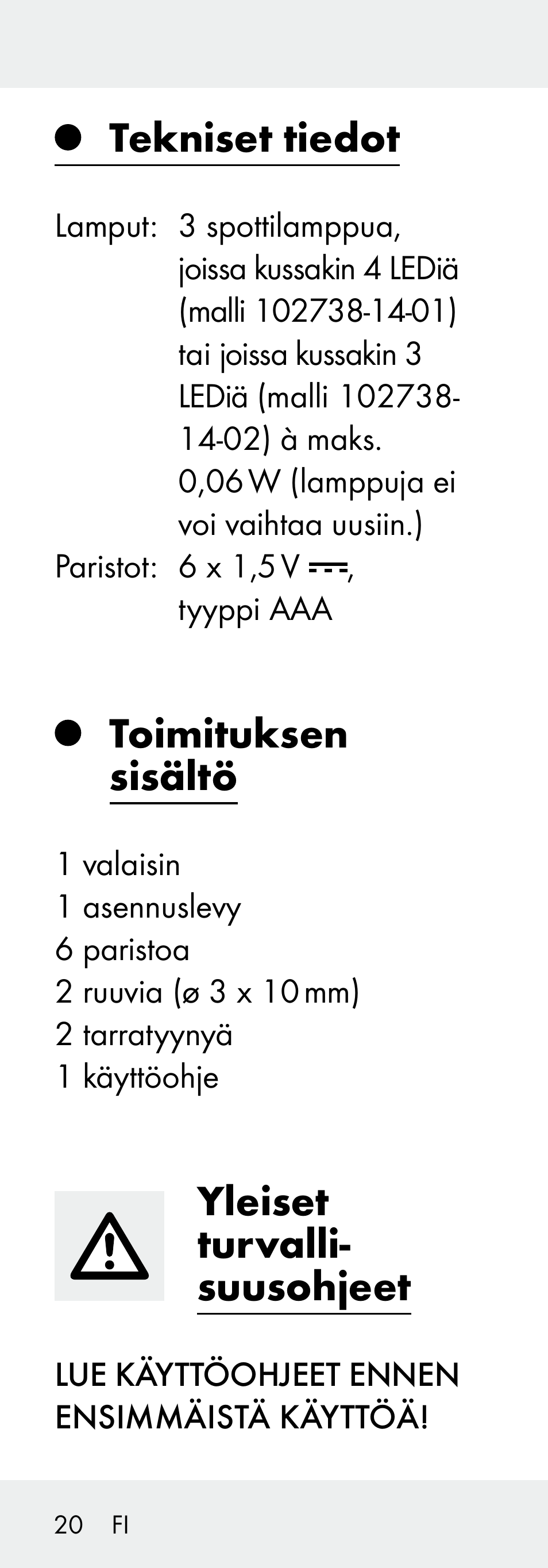 Tekniset tiedot, Toimituksen sisältö, Yleiset turvalli- suusohjeet | Livarno 102738-14-01/ 102738-14-02 User Manual | Page 20 / 102