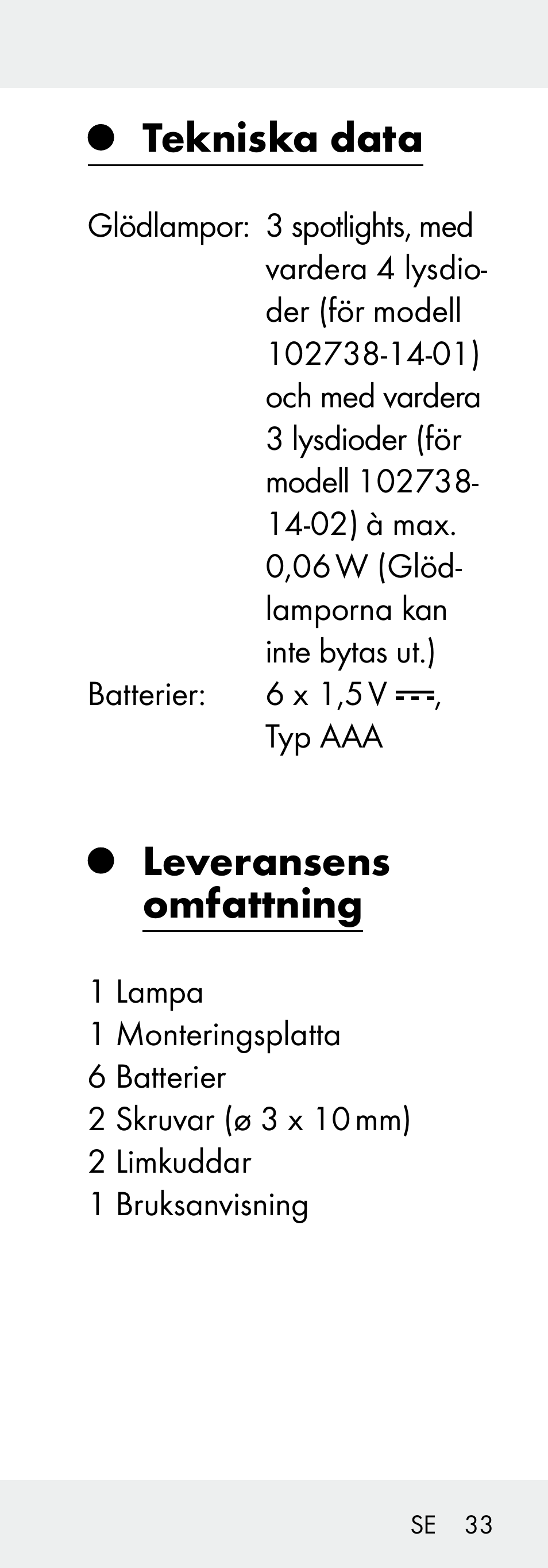 Tekniska data, Leveransens omfattning | Livarno 102738-14-01/ 102738-14-02 User Manual | Page 33 / 102