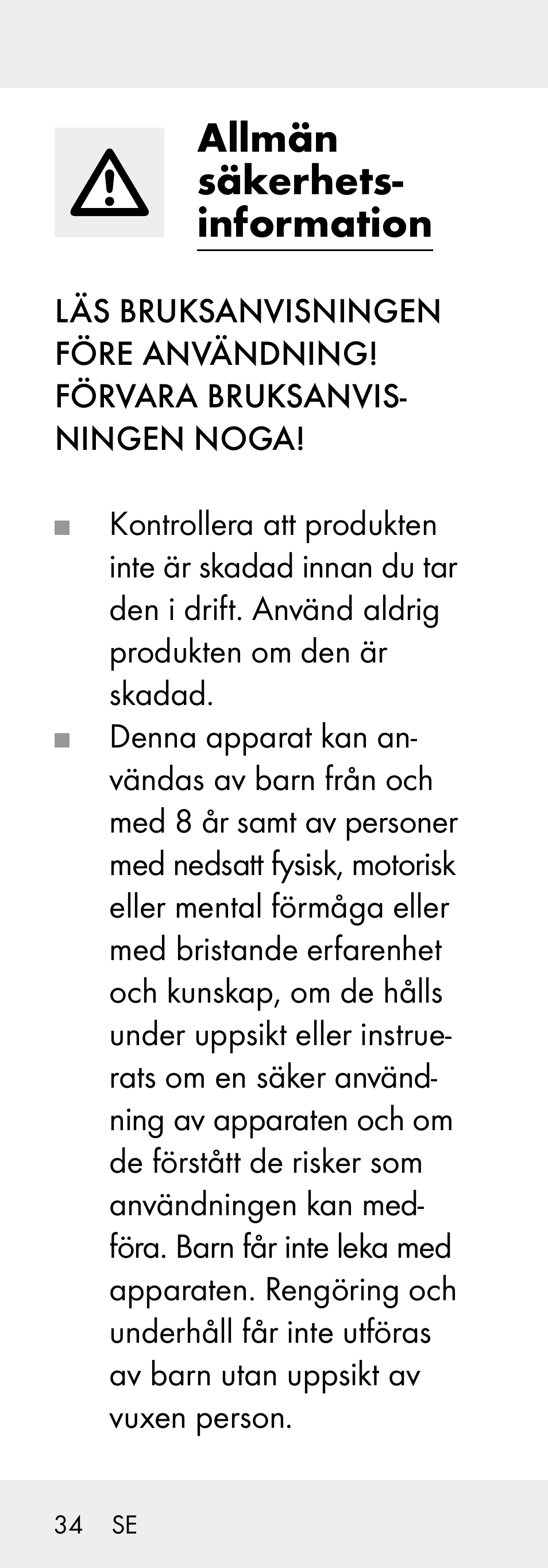 Allmän säkerhets- information | Livarno 102738-14-01/ 102738-14-02 User Manual | Page 34 / 102