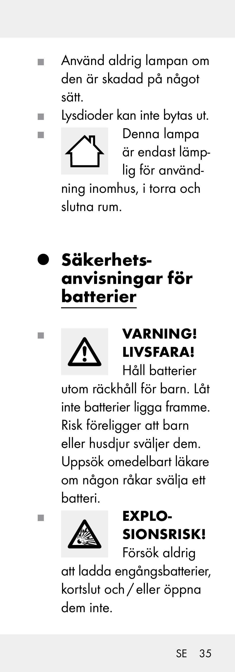 Säkerhets- anvisningar för batterier | Livarno 102738-14-01/ 102738-14-02 User Manual | Page 35 / 102