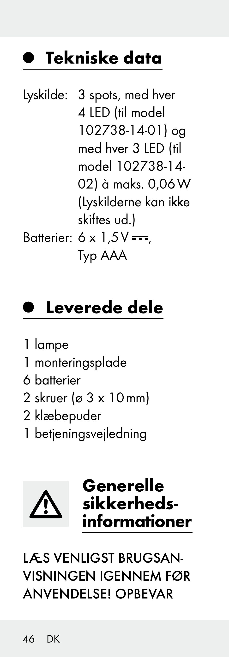 Tekniske data, Leverede dele, Generelle sikkerheds- informationer | Livarno 102738-14-01/ 102738-14-02 User Manual | Page 46 / 102