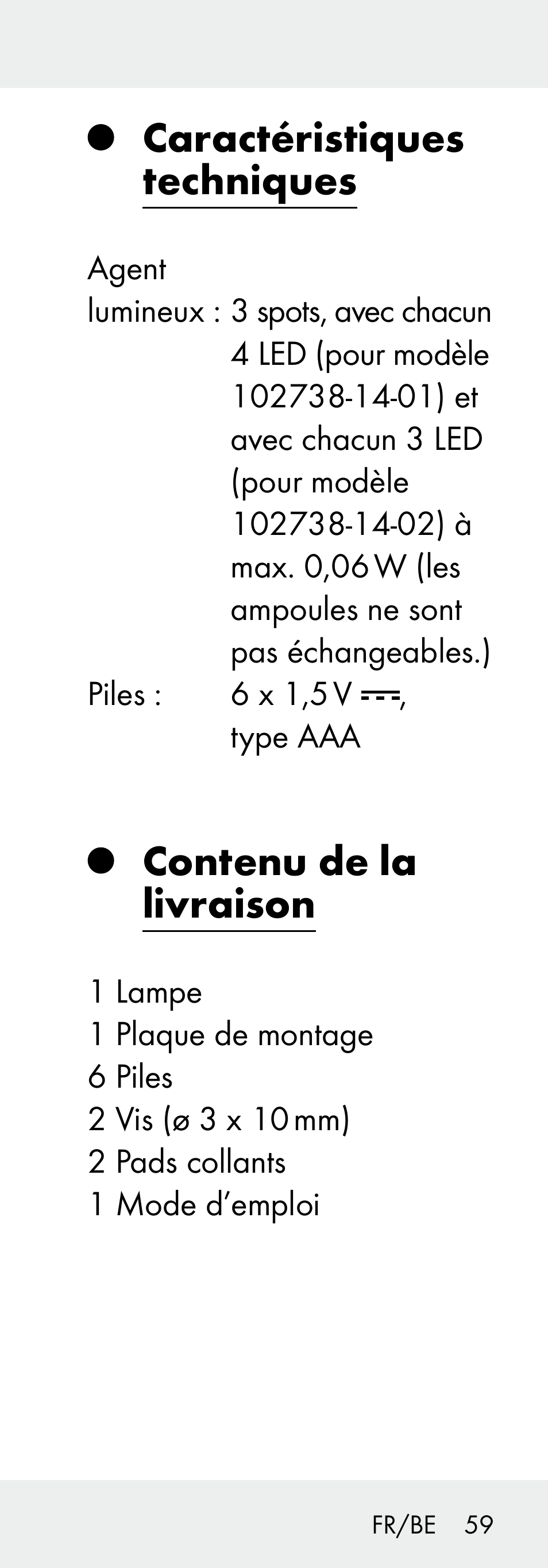 Caractéristiques techniques, Contenu de la livraison | Livarno 102738-14-01/ 102738-14-02 User Manual | Page 59 / 102