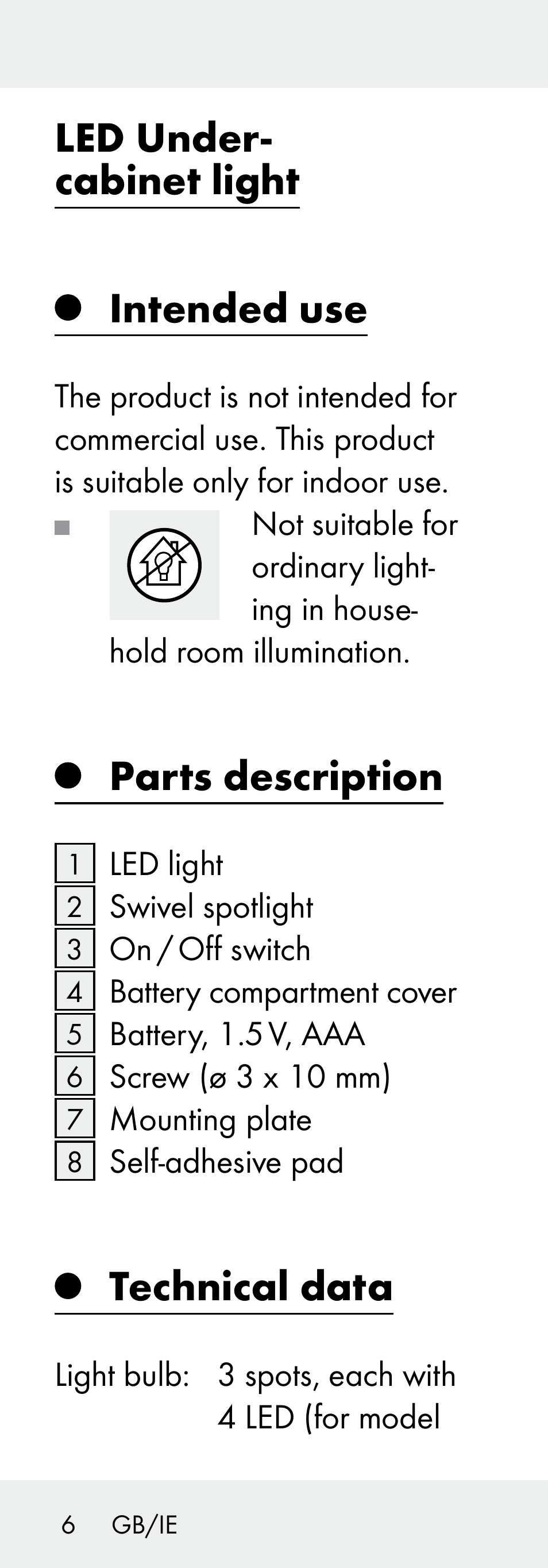 Led under- cabinet light intended use, Parts description, Technical data | Livarno 102738-14-01/ 102738-14-02 User Manual | Page 6 / 102