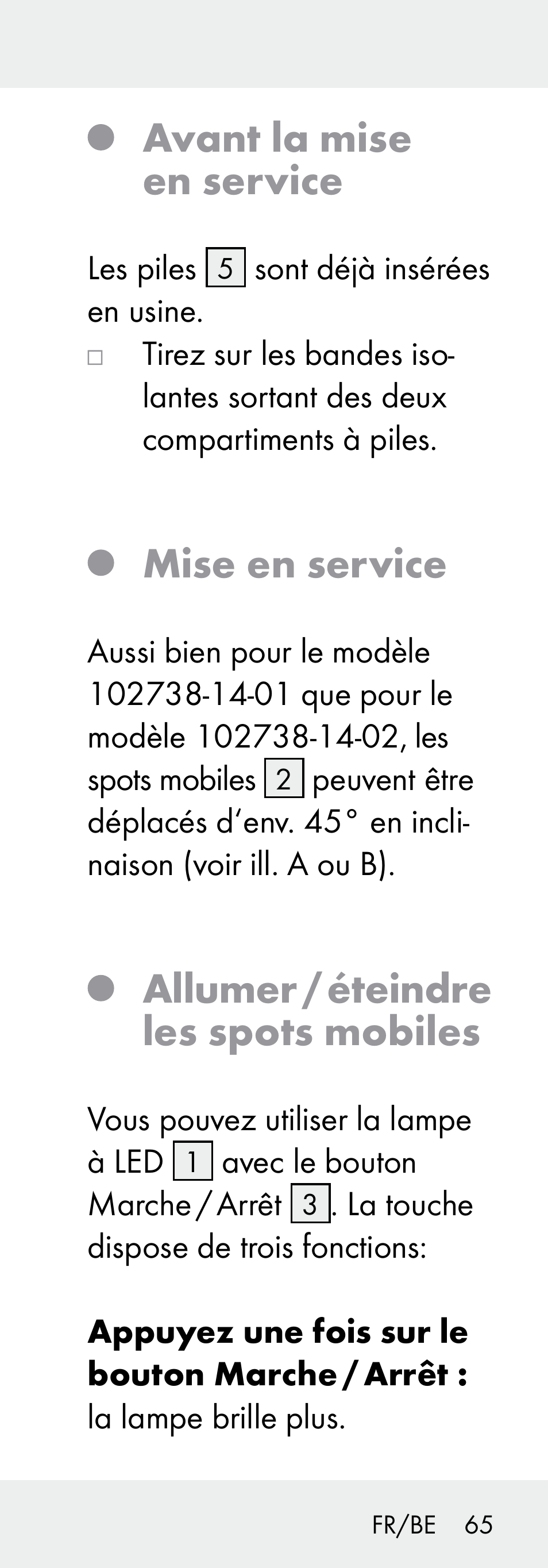 Avant la mise en service, Mise en service, Allumer / éteindre les spots mobiles | Livarno 102738-14-01/ 102738-14-02 User Manual | Page 65 / 102