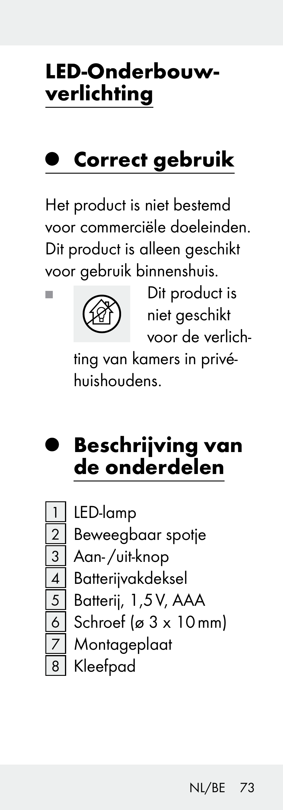 Led-onderbouw- verlichting correct gebruik, Beschrijving van de onderdelen | Livarno 102738-14-01/ 102738-14-02 User Manual | Page 73 / 102
