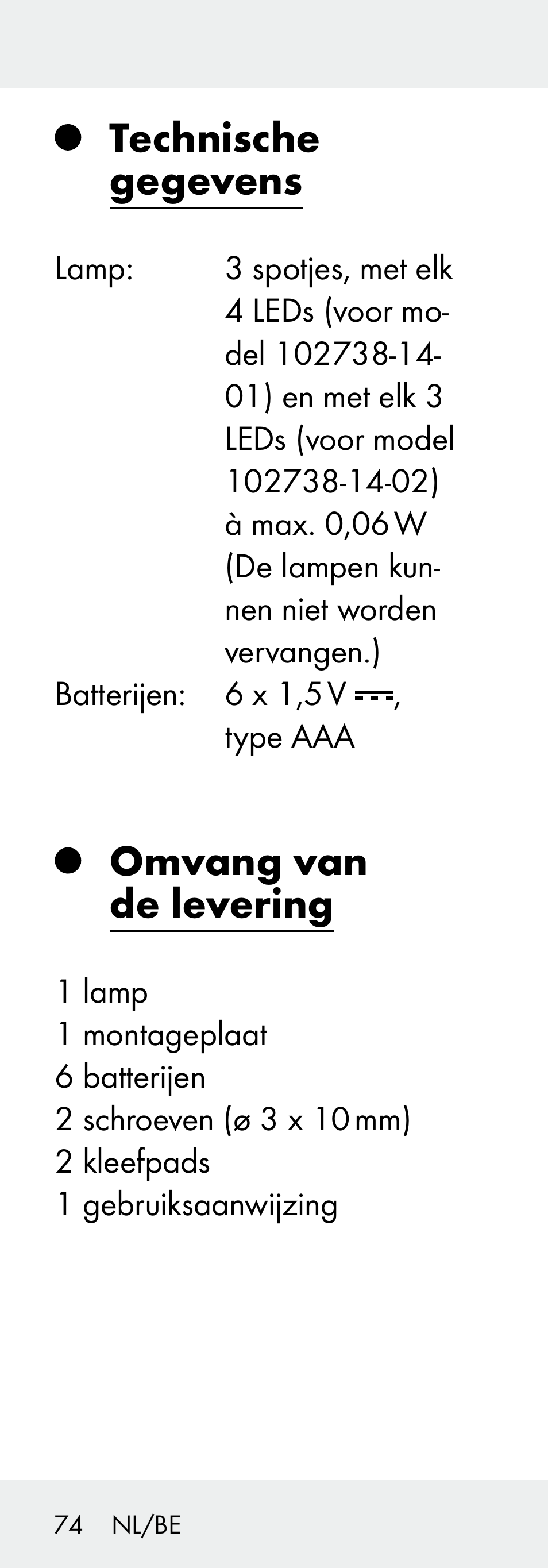 Technische gegevens, Omvang van de levering | Livarno 102738-14-01/ 102738-14-02 User Manual | Page 74 / 102