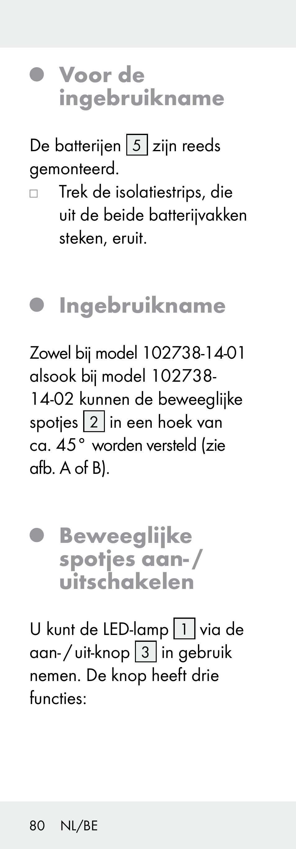 Voor de ingebruikname, Ingebruikname, Beweeglijke spotjes aan- / uitschakelen | Livarno 102738-14-01/ 102738-14-02 User Manual | Page 80 / 102