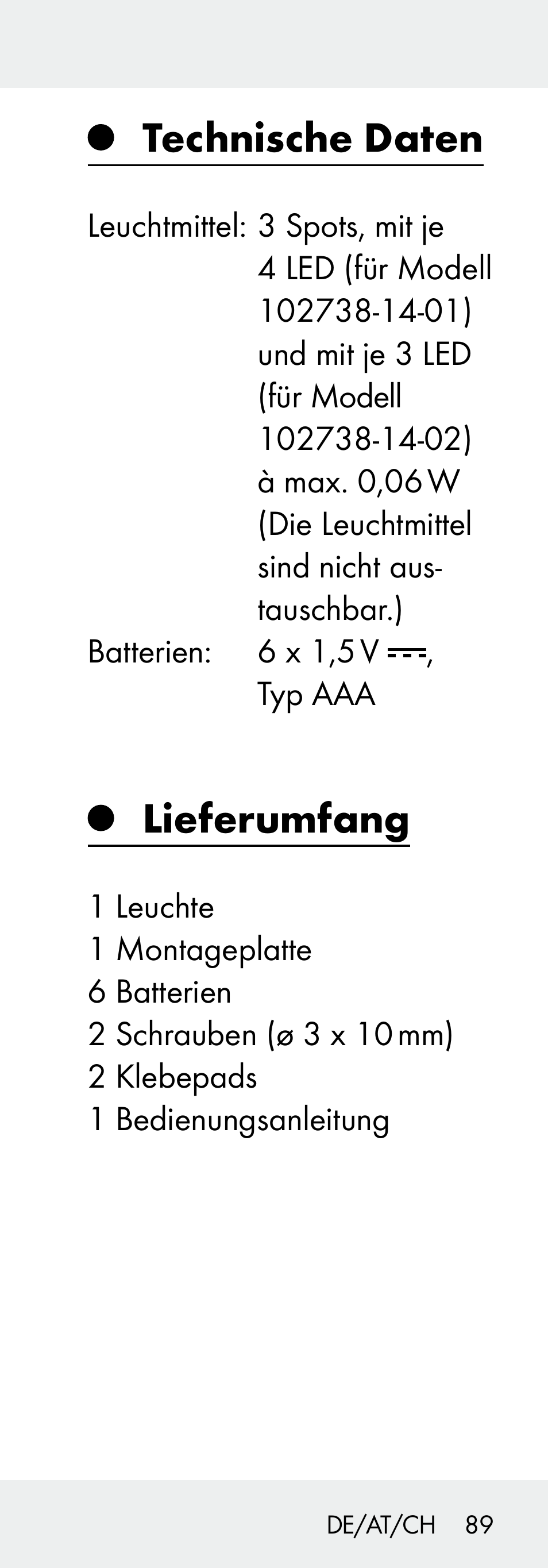 Technische daten, Lieferumfang | Livarno 102738-14-01/ 102738-14-02 User Manual | Page 89 / 102