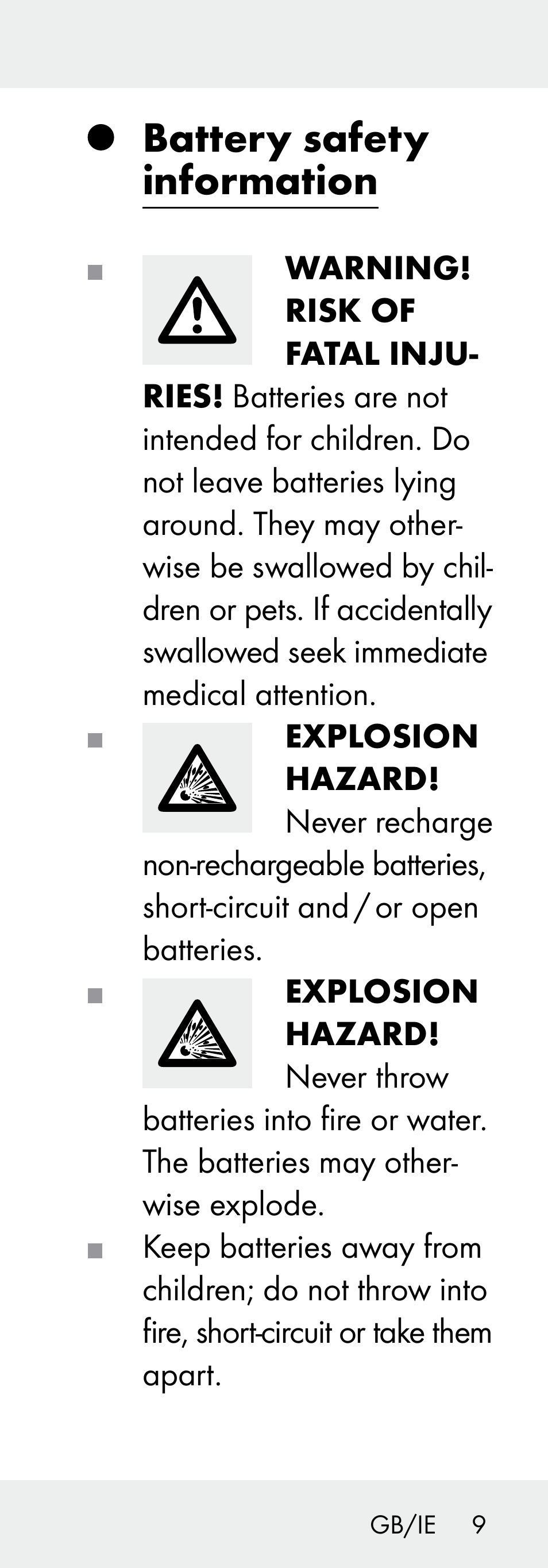 Battery safety information | Livarno 102738-14-01/ 102738-14-02 User Manual | Page 9 / 102