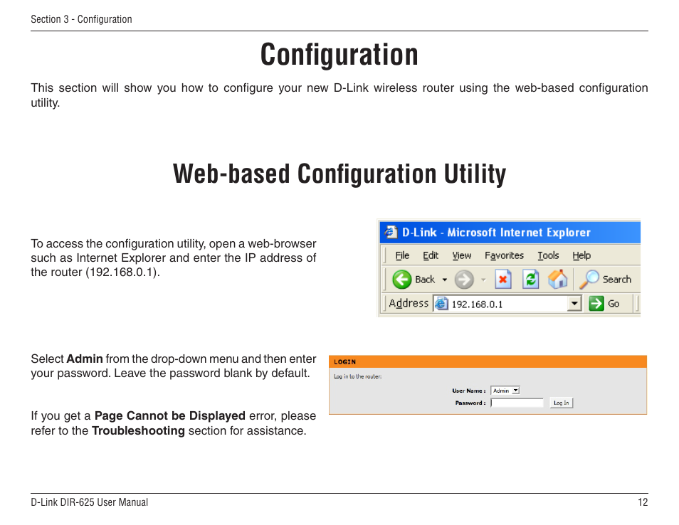 Configuration, Web-based configuration utility | D-Link DIR-625 User Manual | Page 12 / 94