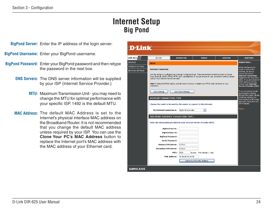 Internet setup, Big pond | D-Link DIR-625 User Manual | Page 24 / 94
