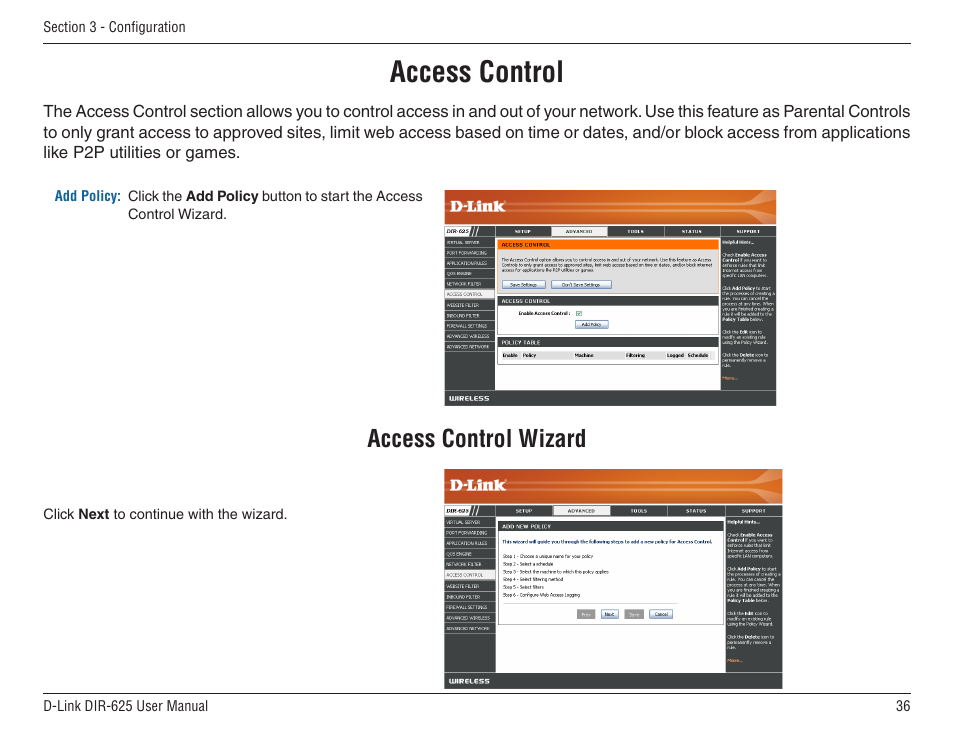 Access control, Access control wizard | D-Link DIR-625 User Manual | Page 36 / 94