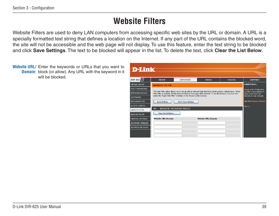 Website filters | D-Link DIR-625 User Manual | Page 39 / 94