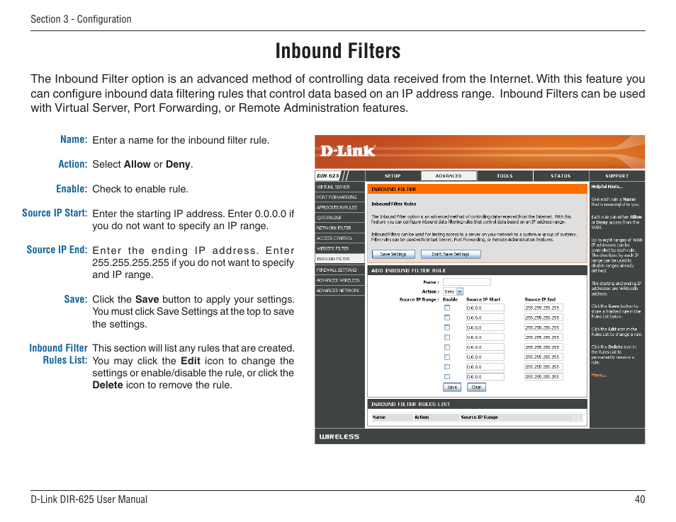 Inbound filters | D-Link DIR-625 User Manual | Page 40 / 94