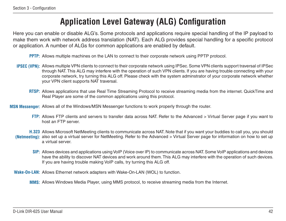 Application level gateway (alg) configuration | D-Link DIR-625 User Manual | Page 42 / 94