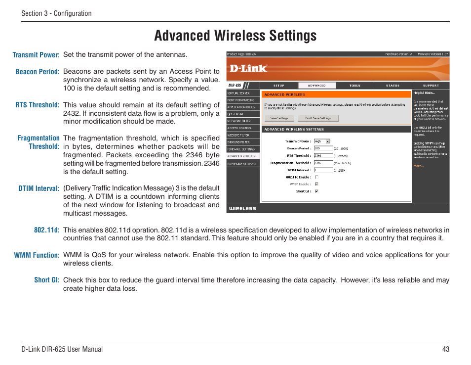 Advanced wireless settings | D-Link DIR-625 User Manual | Page 43 / 94