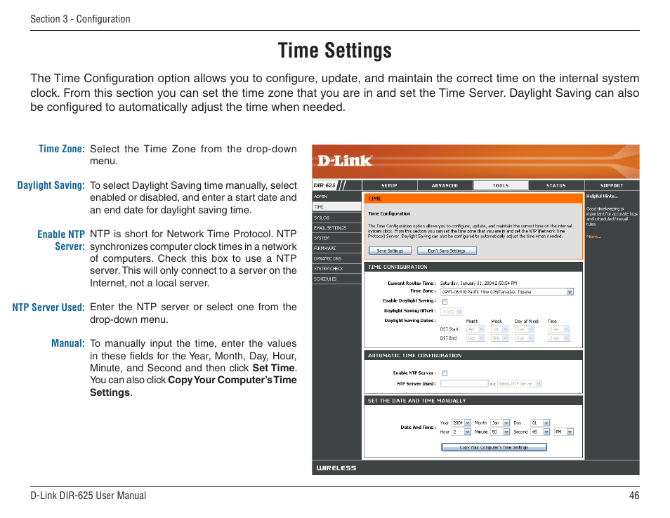 Time settings | D-Link DIR-625 User Manual | Page 46 / 94